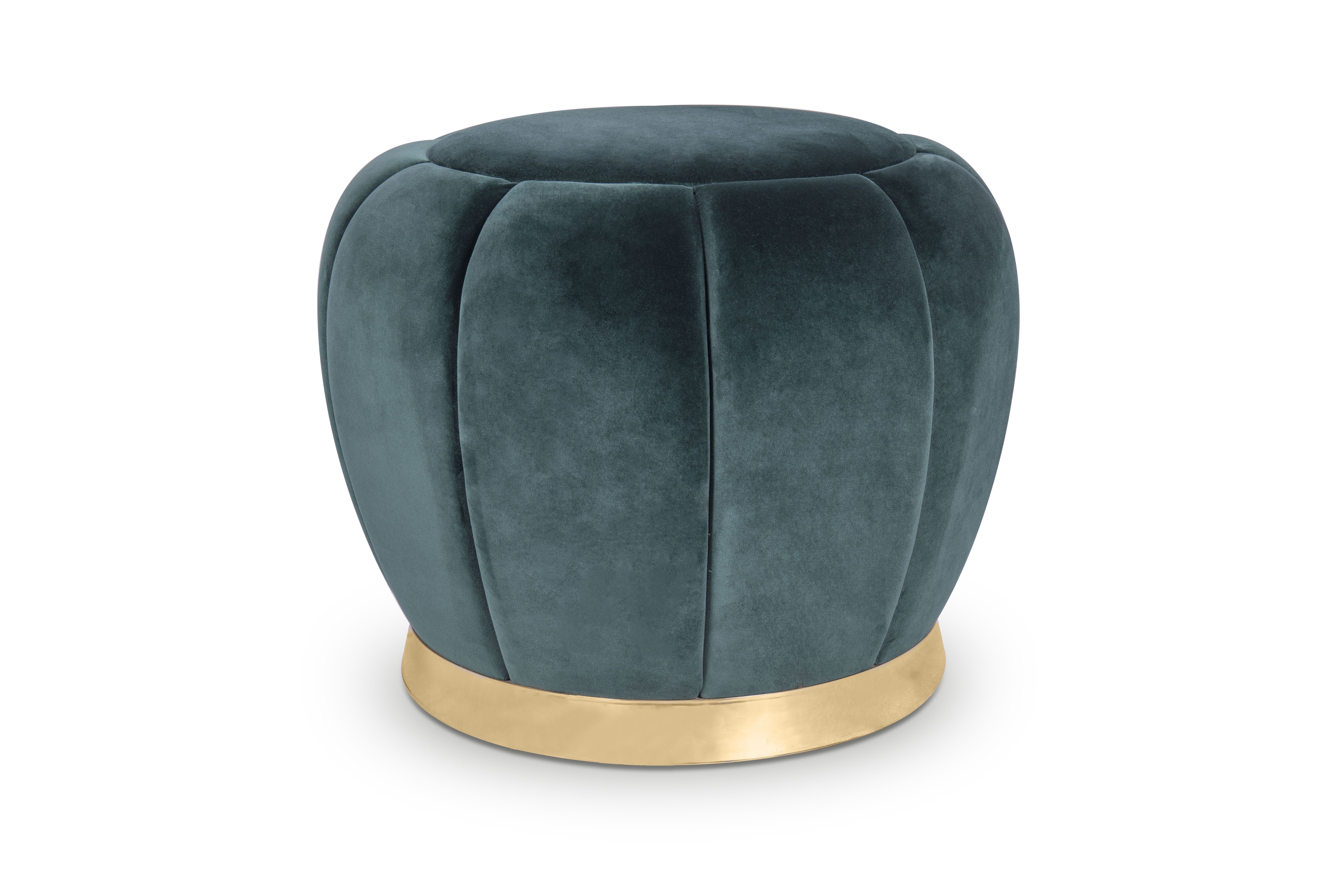 cerulean gumdrop-shaped stool with gold base against white background