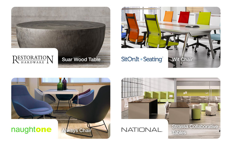 Collage of top-selling products of Restoration Hardware, National Office Furniture, SitOnIt Seating, and Naughtone