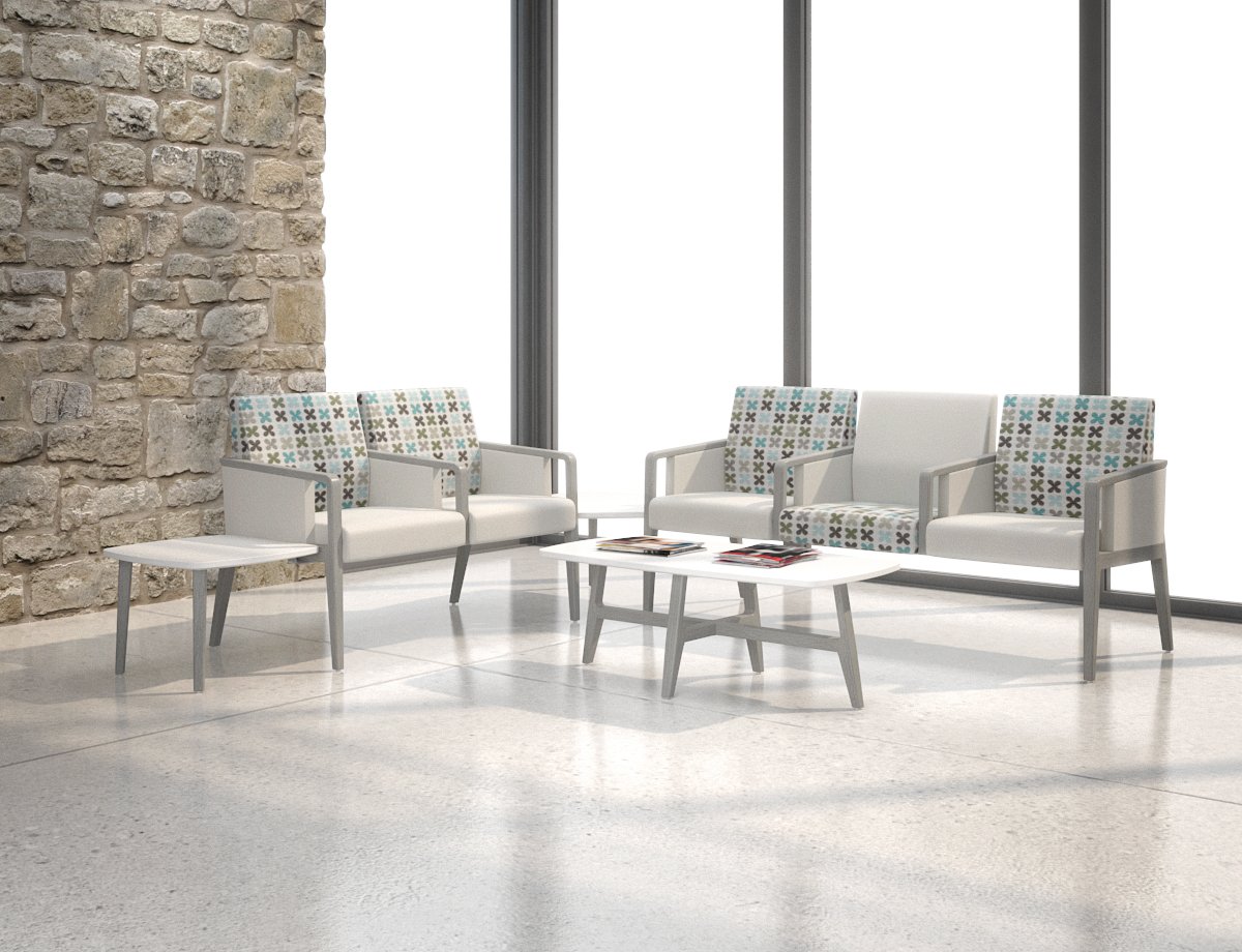 Two Krug Faeron healthcare armchairs in contrast pattern and gray upholstery with three bariatric chair styles