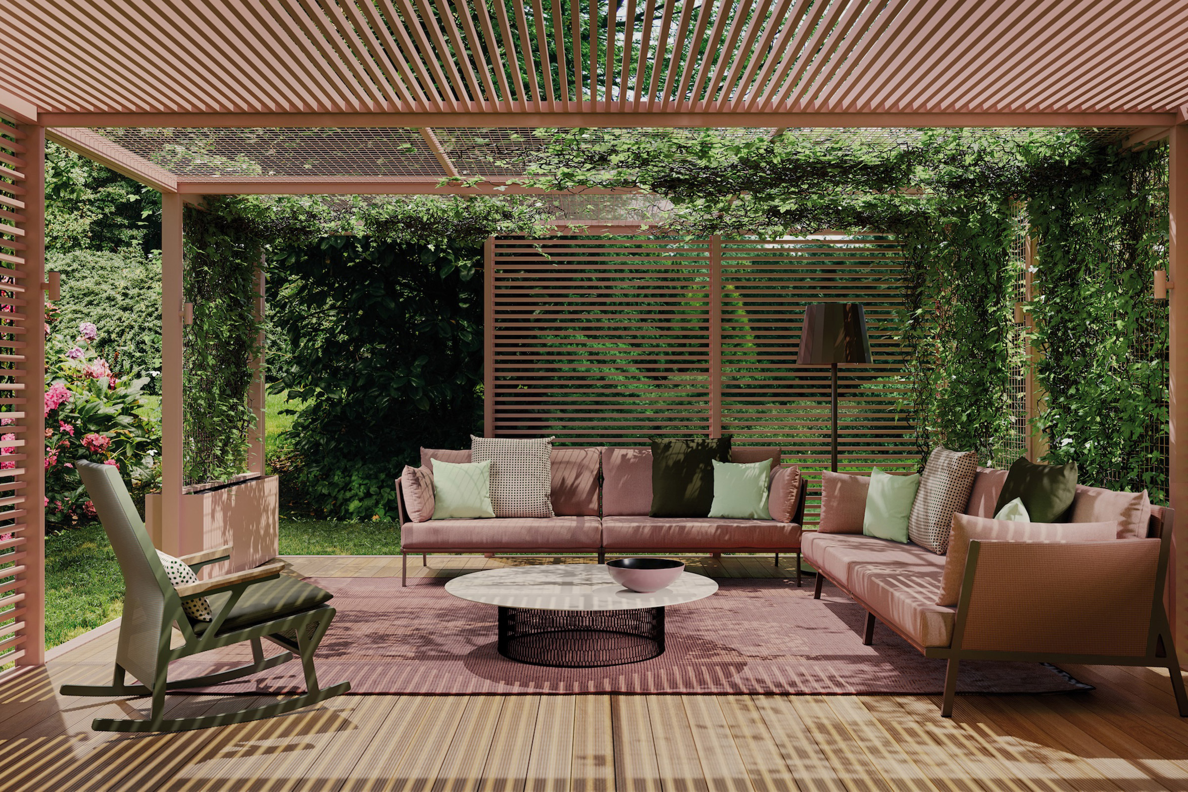 pink slatted outdoor pergola with lounge furniture inside