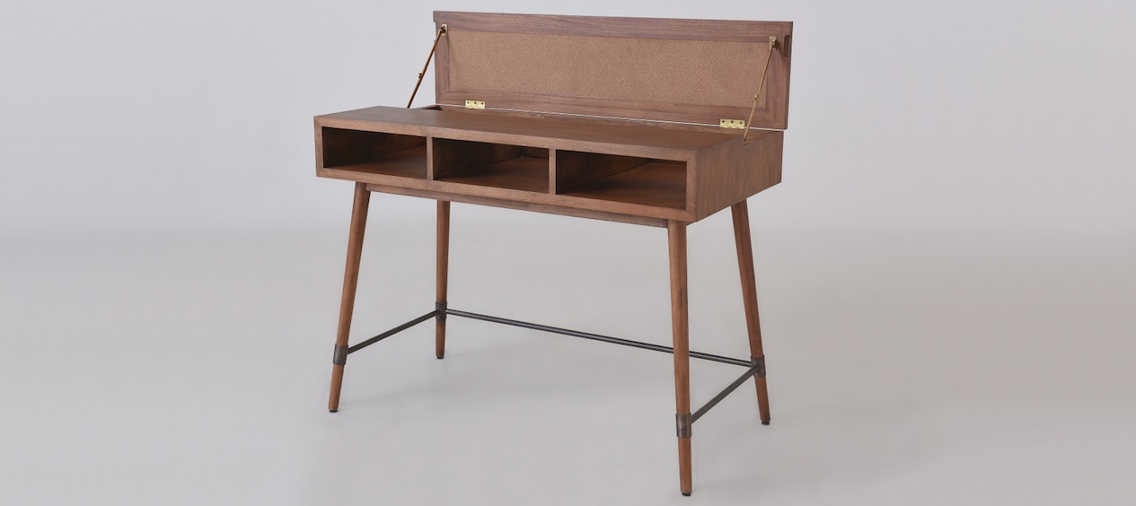 solid wood desk with open hinged compartment