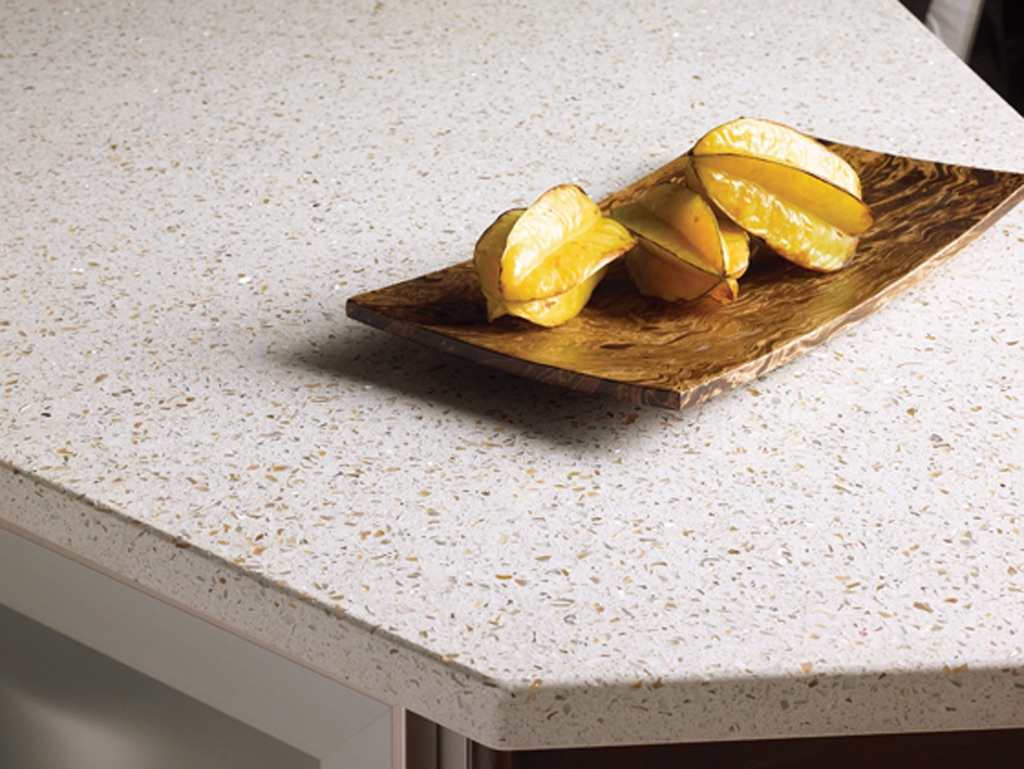 IceStone white pearl recycled countertops detail with fruit