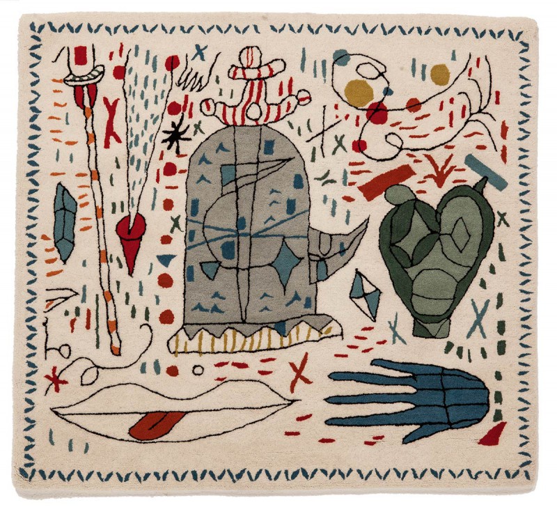 square area rug with hand-drawn designs reminiscent of Miro
