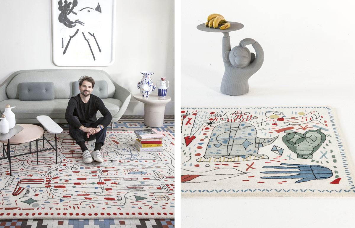 designer Jaime Hayon sitting on his area rug design