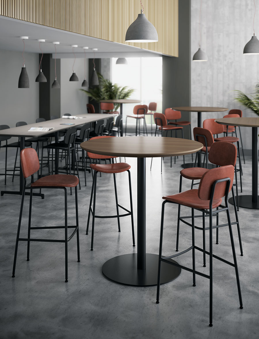 Bryn Bar-Height Stools rust color upholstery in restaurant