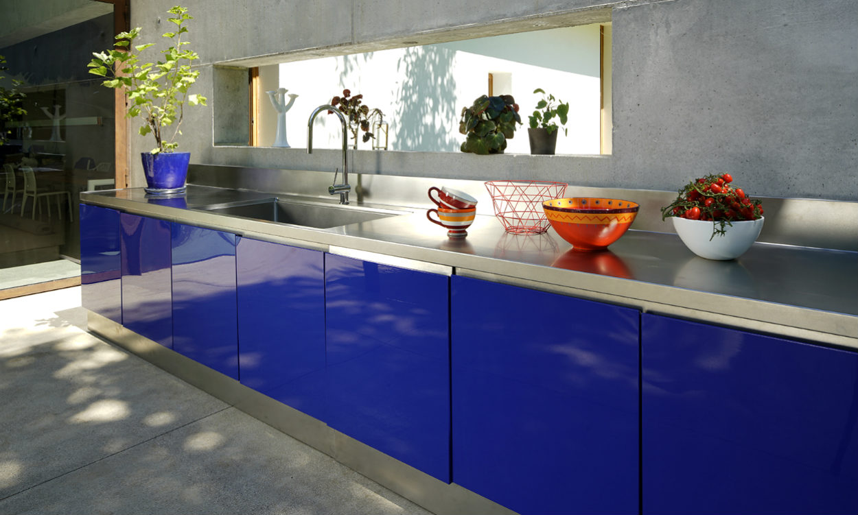Abimis Stainless Steel Kitchens with fronts painted cobalt blue