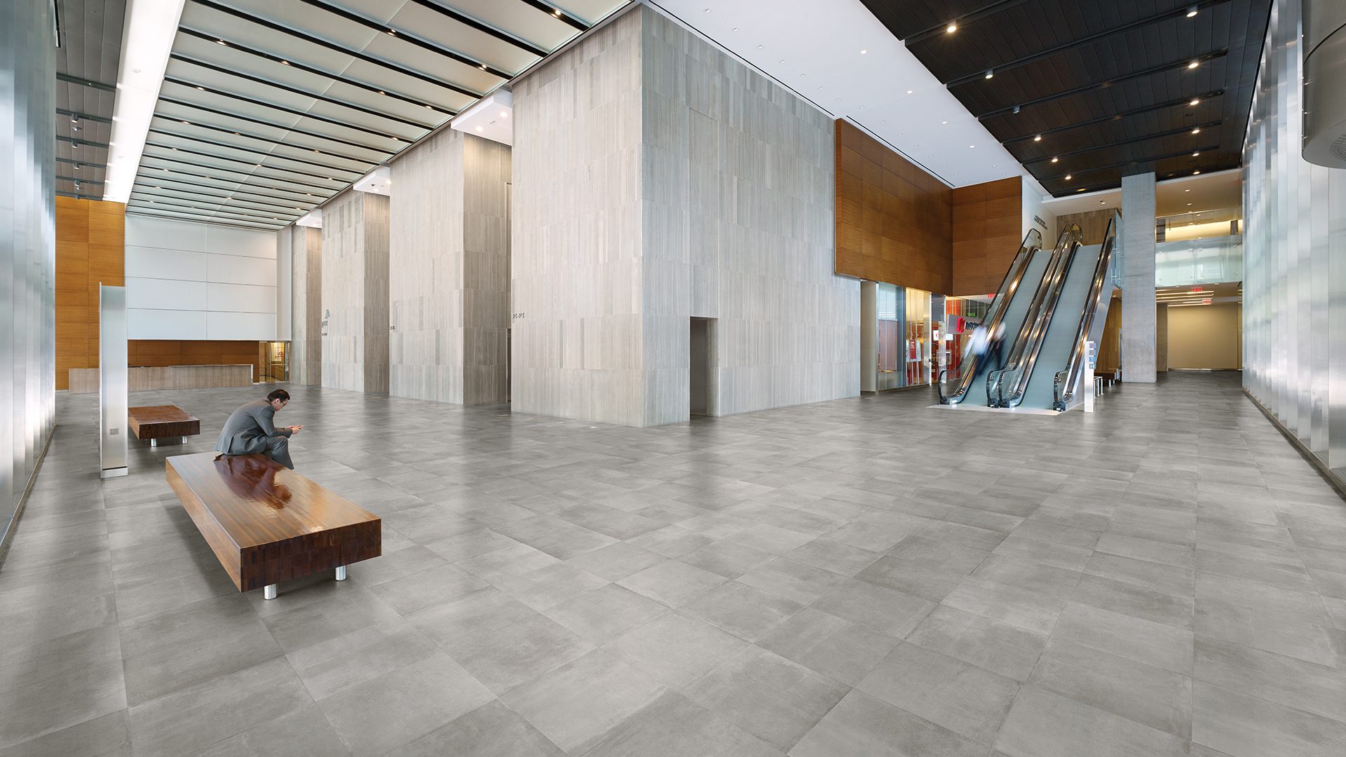 Anatolia Industria Tile Collection chromium color in office building lobby