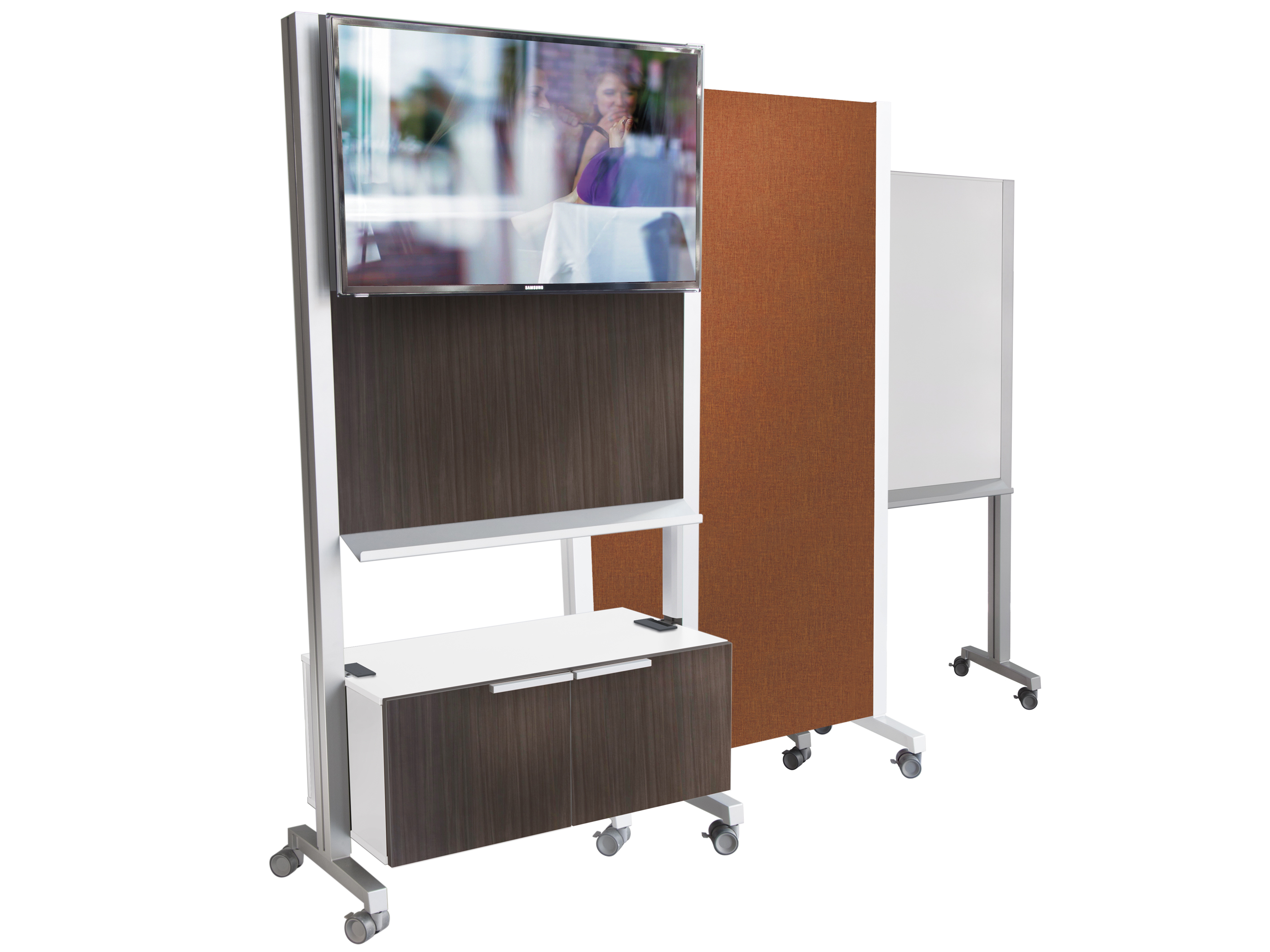 Dewey by SurfaceWorks media cart, divider screen, and whiteboard