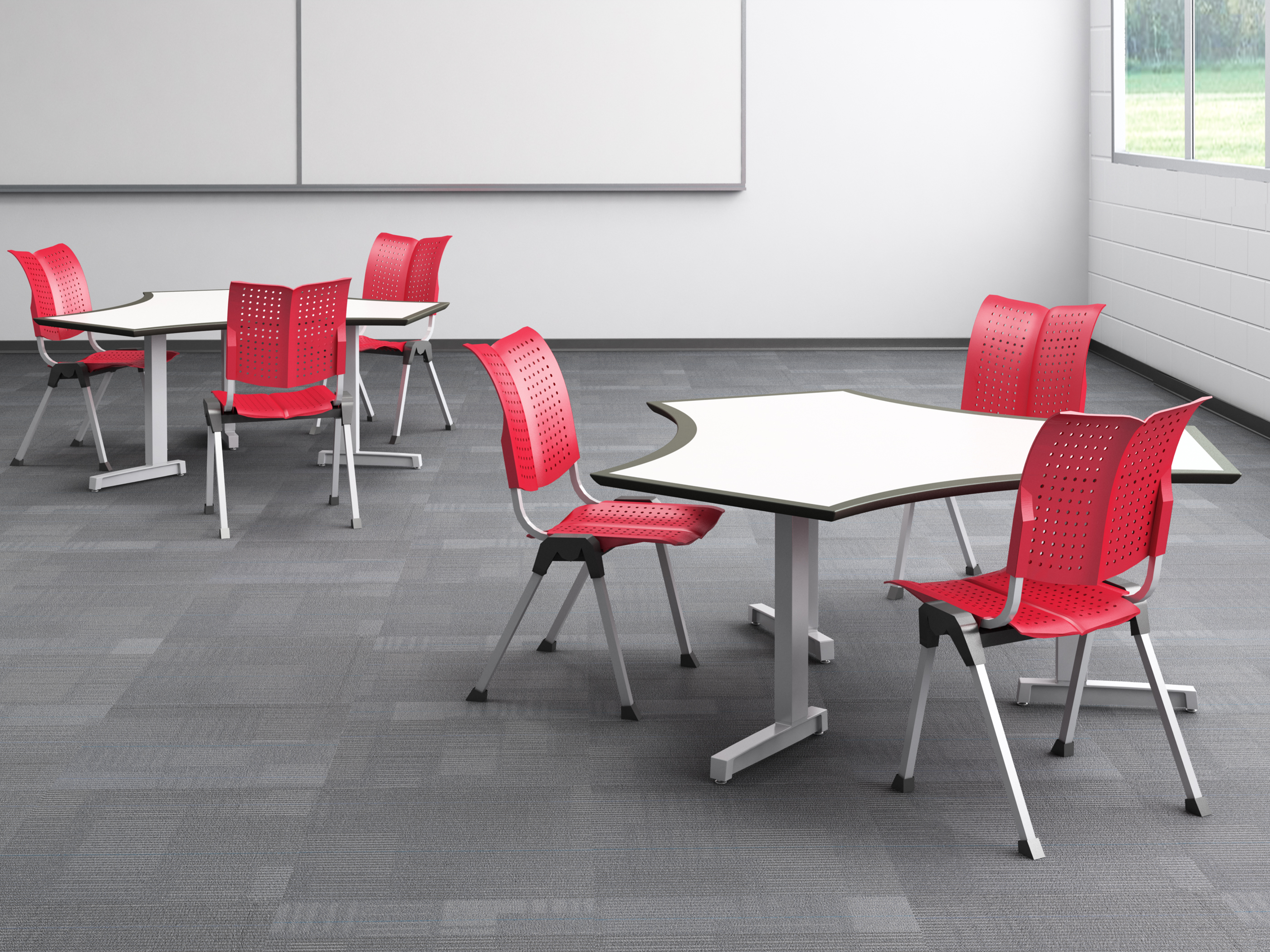 Dewey by Surfaceworks two six-sided tables with red chairs