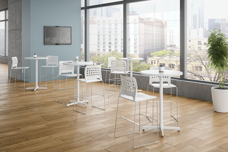 Hoopz Seating white several chairs bar height in cafe setting