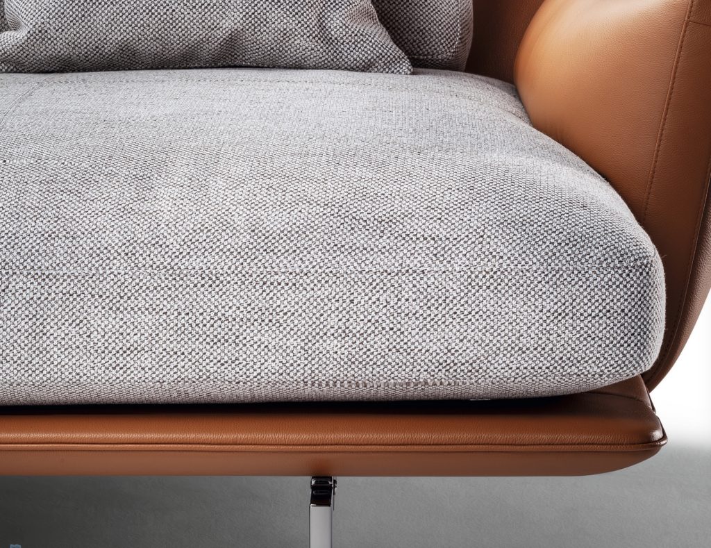 Poltrona Frau Get Back Sofa detail of fabric seat and leather armrest