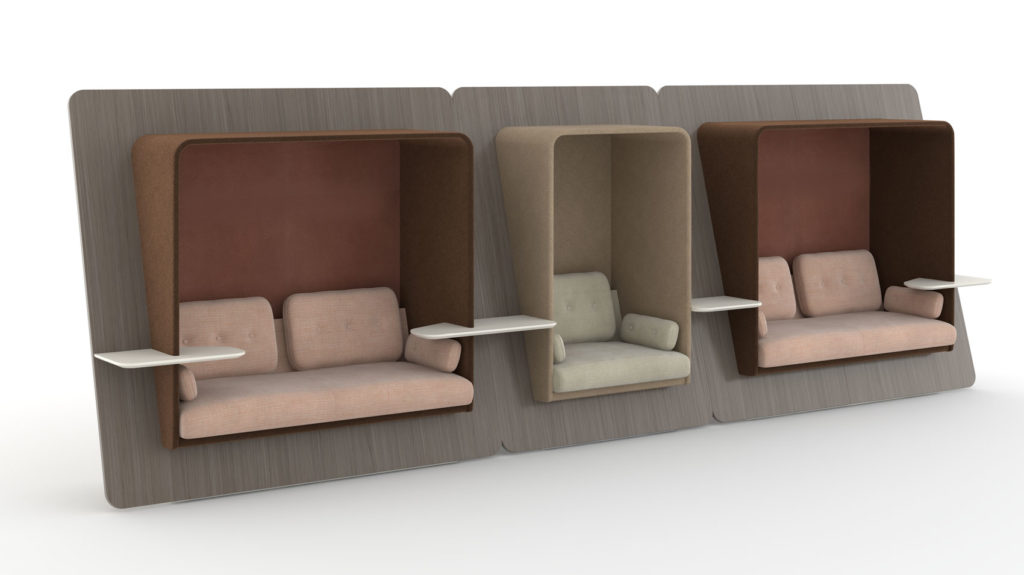 freestanding private upholstered seating units ganged together in a group of three