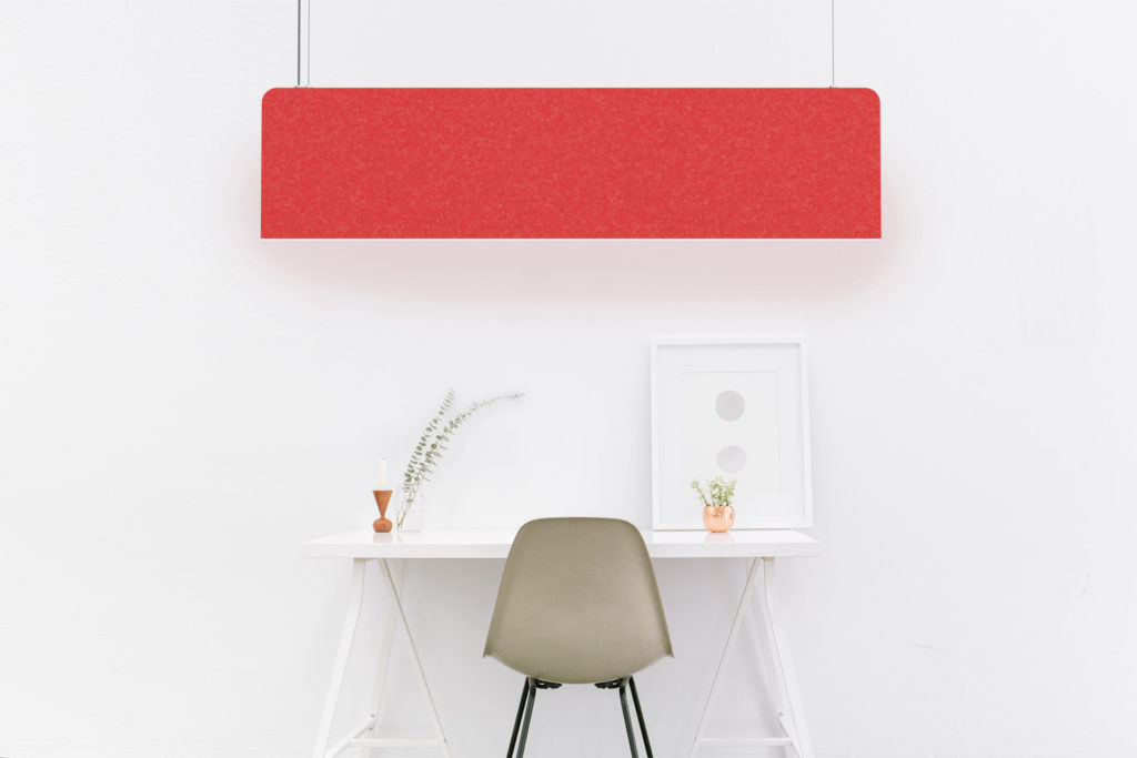 white minimalist office with red felt acoustical suspension lamp