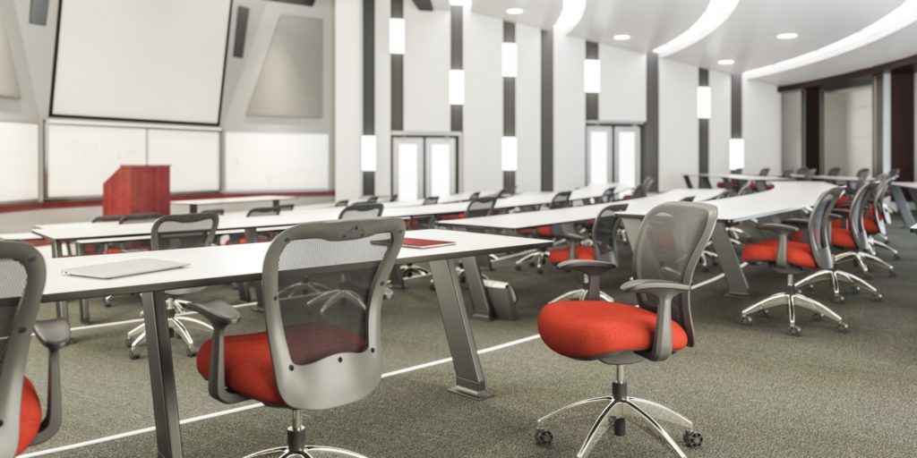 Many Nightingale MXO chairs with orange/red upholstery in boardroom environment