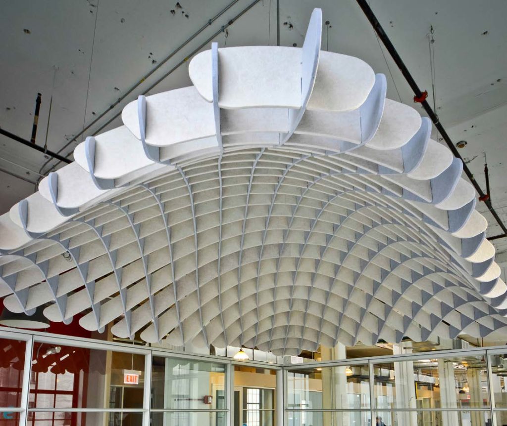 view looking up at ezoBord Acoustical Net in white on ceiling 