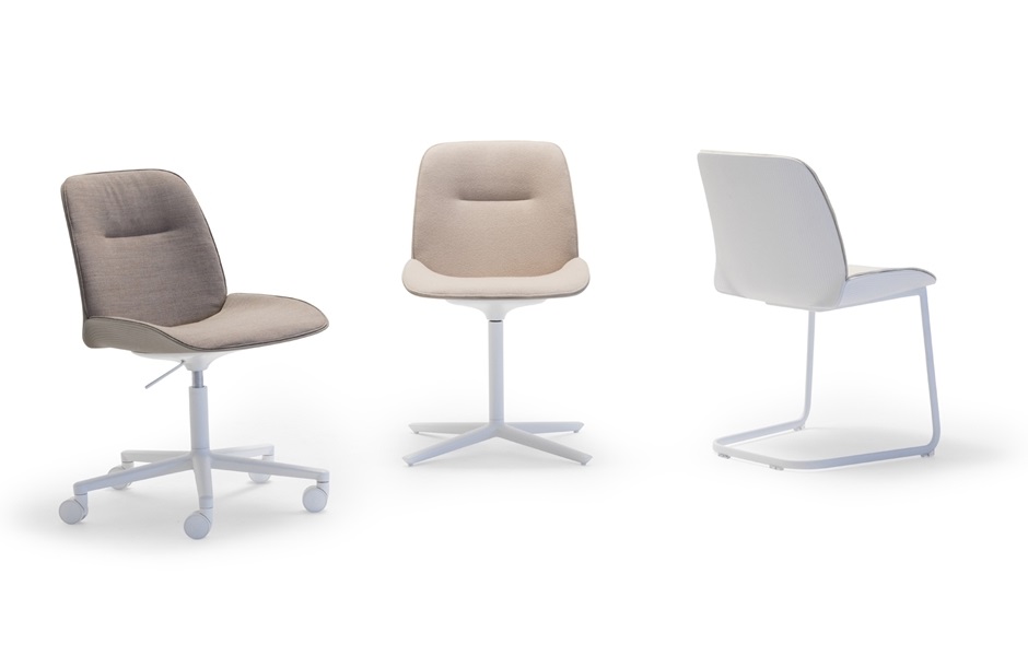 Andreu World Nuez Chair three chairs in pastel colors and different bases