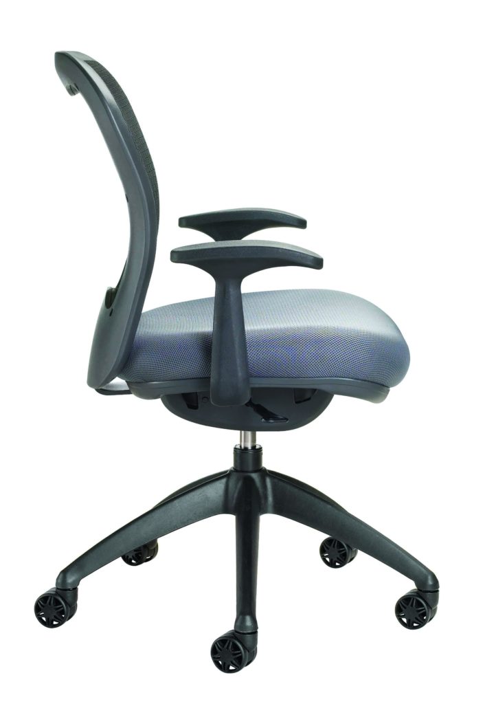 Side view of the Nightingale MXO work chair with blue/gray upholstery