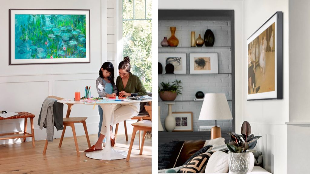 Yves Béhar Samsung Frame split image with Frame in kitchen with mother and daughter and Frame in living room above sofa