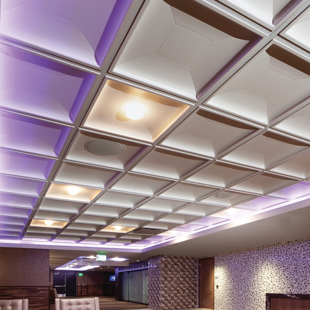 Above View Contemporary Coffer  ceiling tile with purple light in Minnesota Vikings sports facility