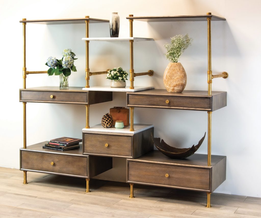 Stone Forest Elemental Wall Etagere full unit with wood drawers, brass, legs, and stone shelves