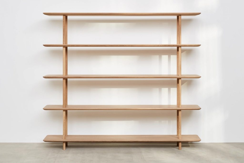 Benchmark Ovo Collection shelving in light oak front view