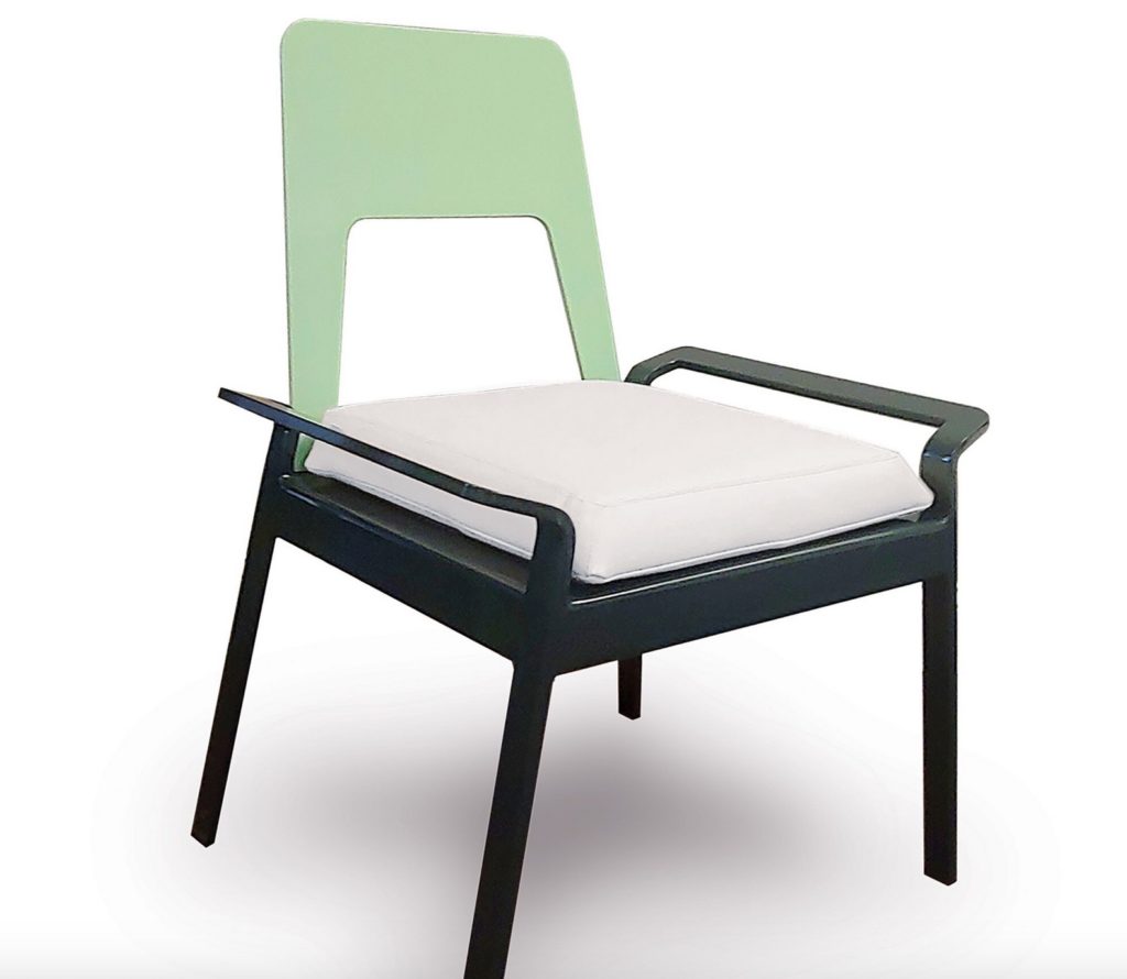 Benchmark Contract Furniture Dune Collection dining chair with black frame, white cushion, and mint green back