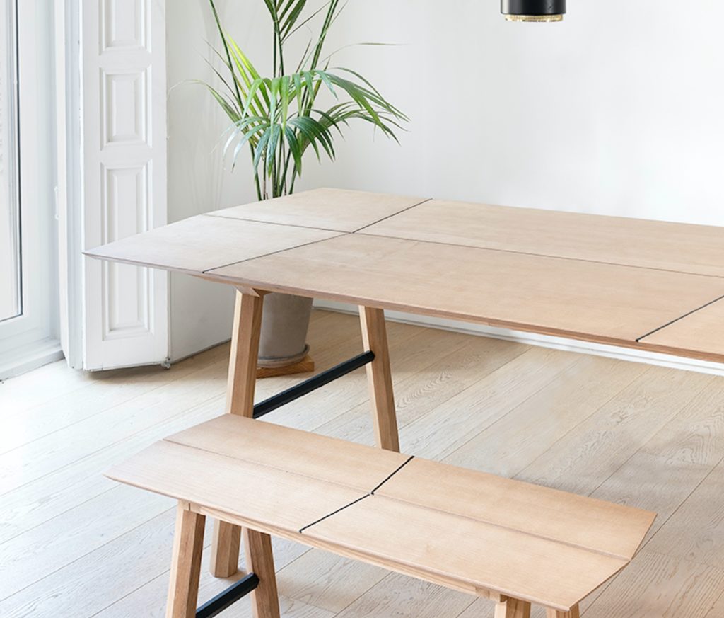 Woodendot Savia Table and Bench in airy kitchen with plant