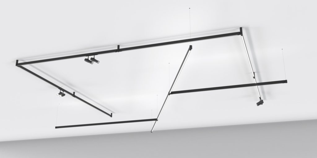 Flos Diversion lighting semi-flush mount linear and angular configuration with downlights on white ceiling