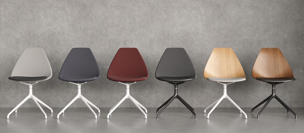 Case Furniture's Ziba Chair six chairs front view with different combinations of veneer shell and colored upholstery