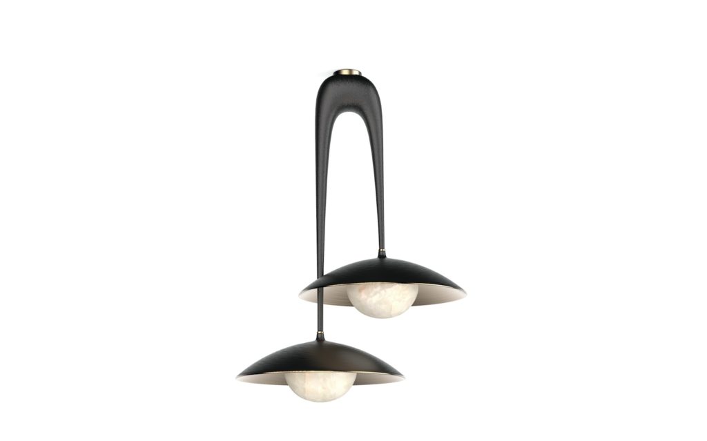 Champalimaud Capsule Collection  Tana Pendant with curvaceous bronze stem, two bronze diffusers, and white bulbs