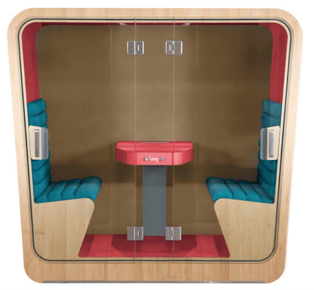Loop Phone Booths Cube model with aqua upholstery, red trim, and red floor