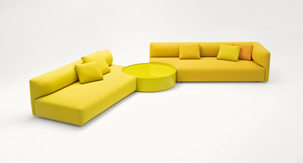 Paola Lenti Walt Seating yellow three-seat sofas joined by yellow side table