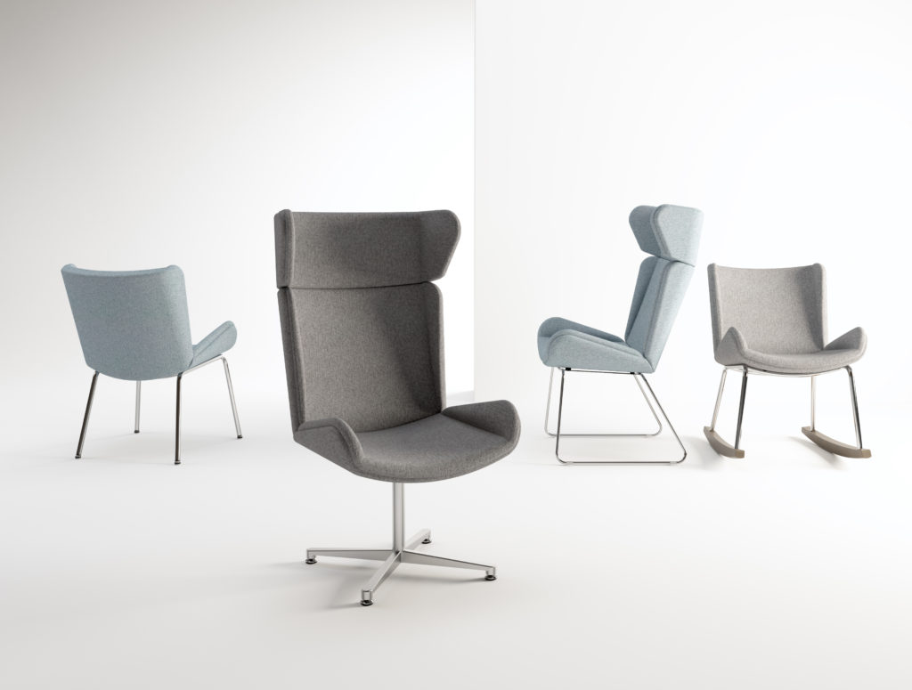 ERG International's Albury Lounge four different chairs each in a different style light blue and grays