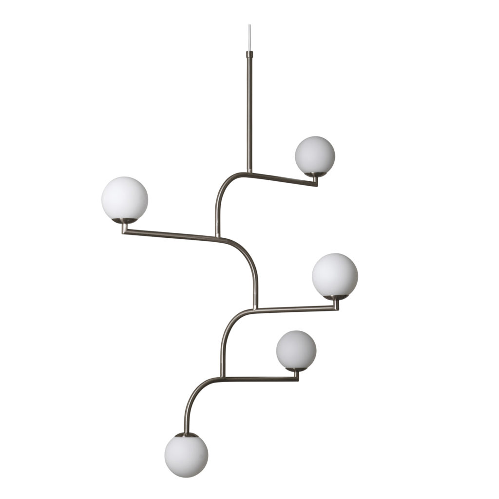 Mobil 100 Pendant in sliver with five diffusers on white background