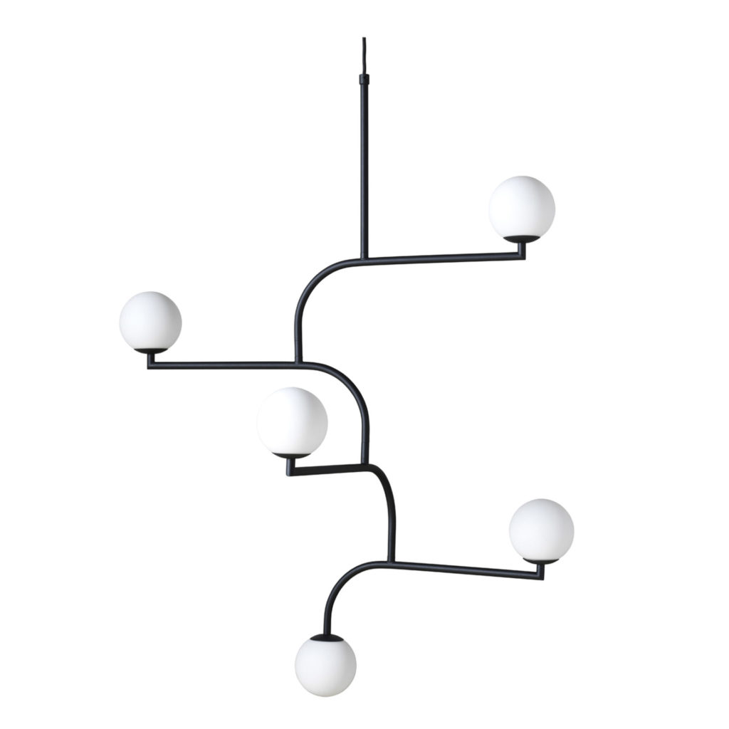 Mobil 100 pendant black with five diffusers on white background