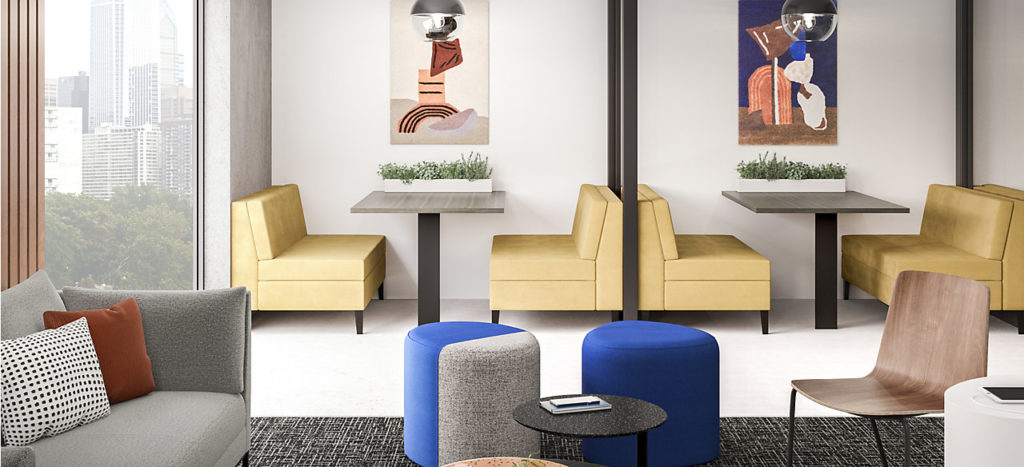 Ciji Seating banquette style in mustard four chairs comprising booth seating in workspace