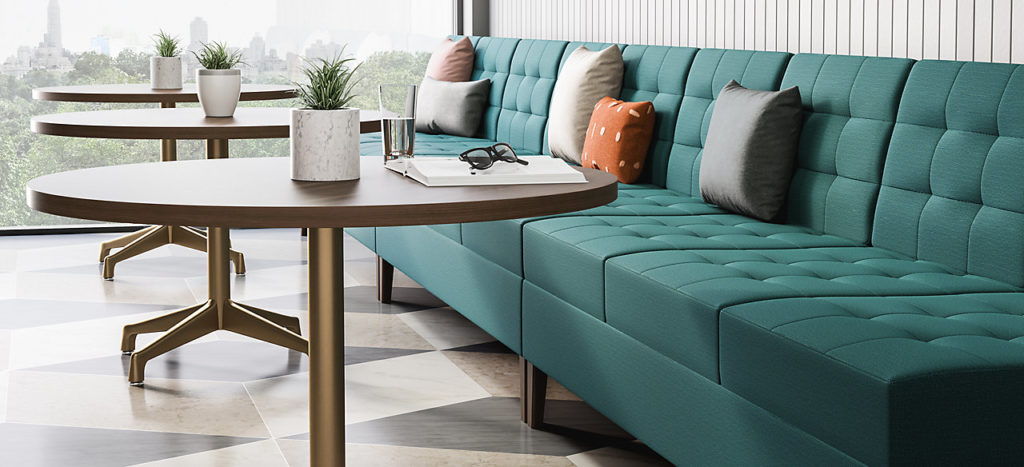 Ciji Seating aqua marine upholstery with tufting in long-open sofa style at dining area