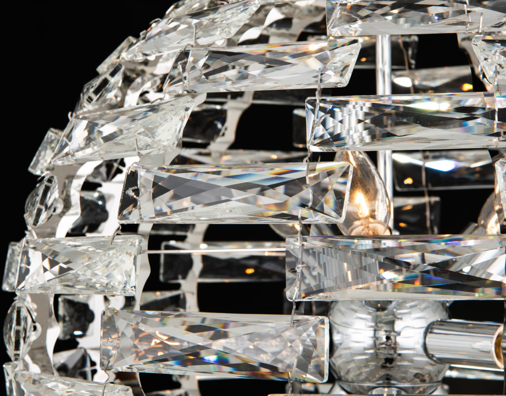 Allegri Crystal Alta Chandelier close-up of small crystal rectangles joined to form spherical fixture