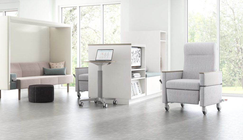 Alterna Casegoods in patient facility white storage modules with sofa and recliner