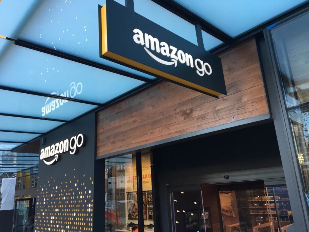 Windfall Lumber Olympia cladding on exterior of Amazon Go store in mall 