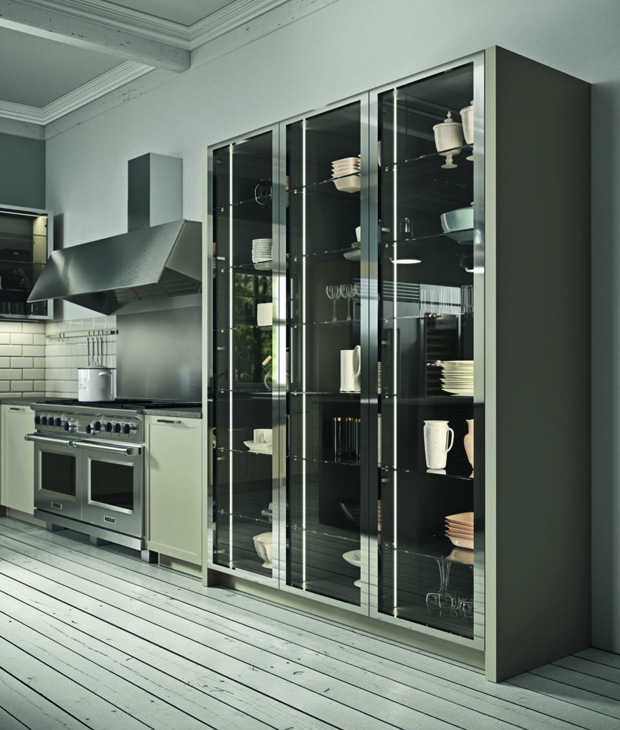 Rastelli's Fabula Kitchen image of storage columns with stainless steel frame and smoked glass