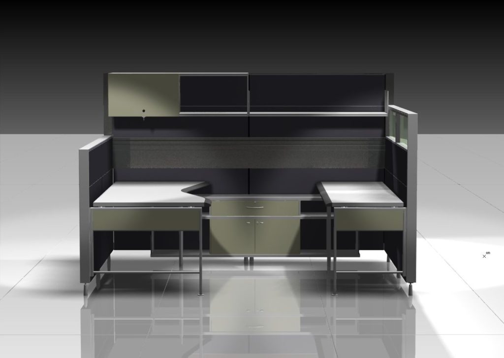 Douglas Ball Vivo Interiors open office cubicle in putty green and gray with double desks and cabinet style storage