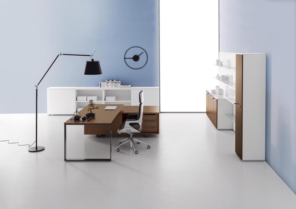 DVO Executive Office Planeta sideview of desk and several storage units with wood veneer and white melamine