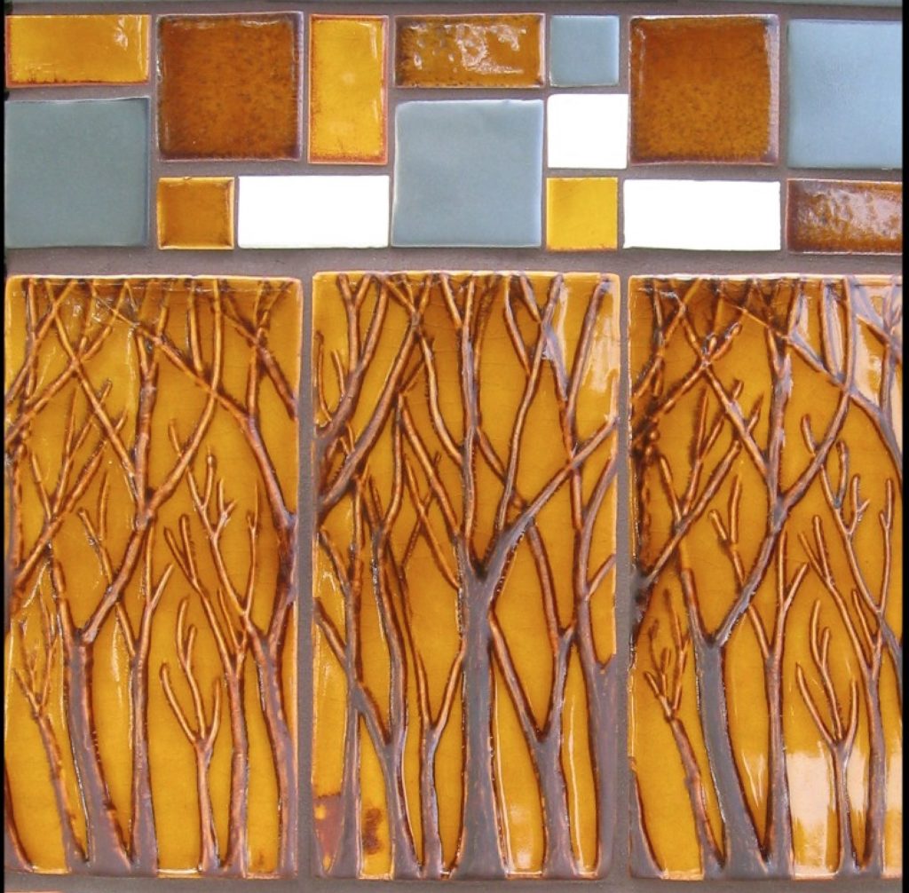 BonTon designs Arbre tile with bare trees in the center and blocks of color on top and bottom