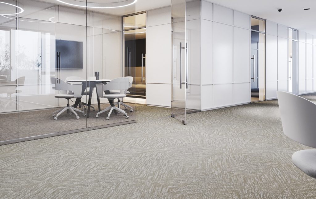 Tarkett Vellum and Bindery gray and white pattern in workspace with conference room and glass walls