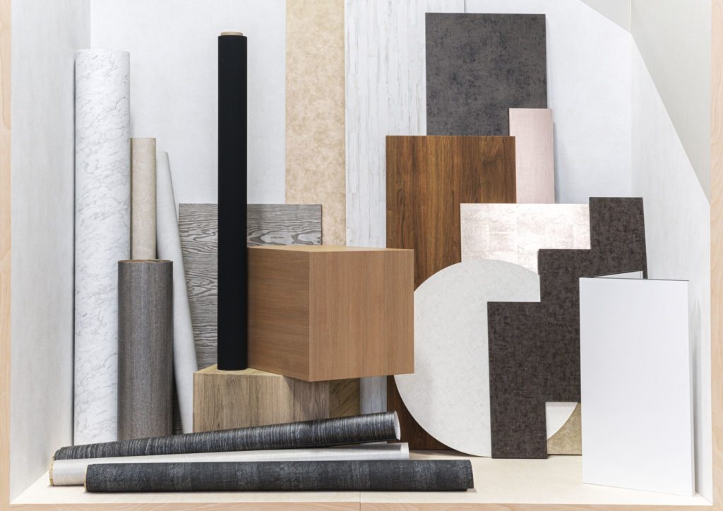 3M's DI-NOC Collection multiple options in an artful arrangement including wood, metal, and solid patterns