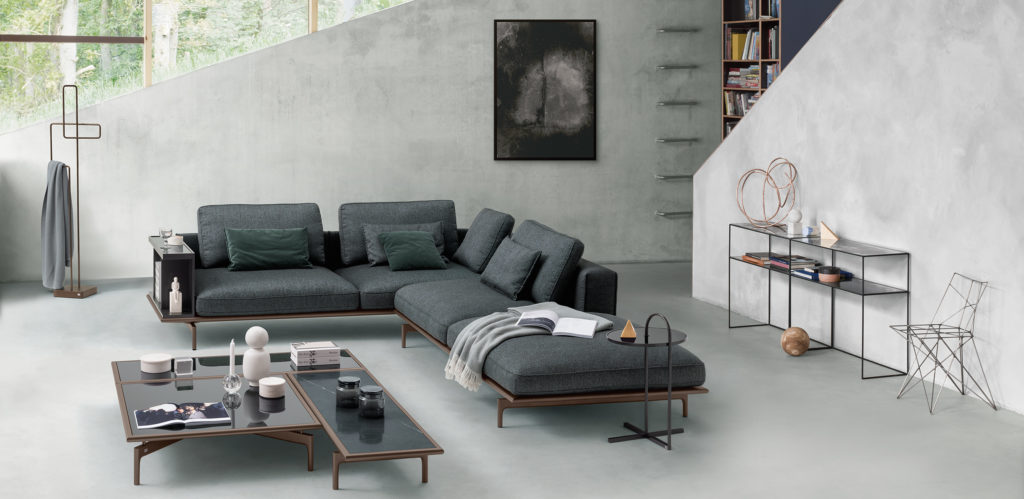 Rolf Benz Liv Sofa Umbra Gray in living room with cement wall