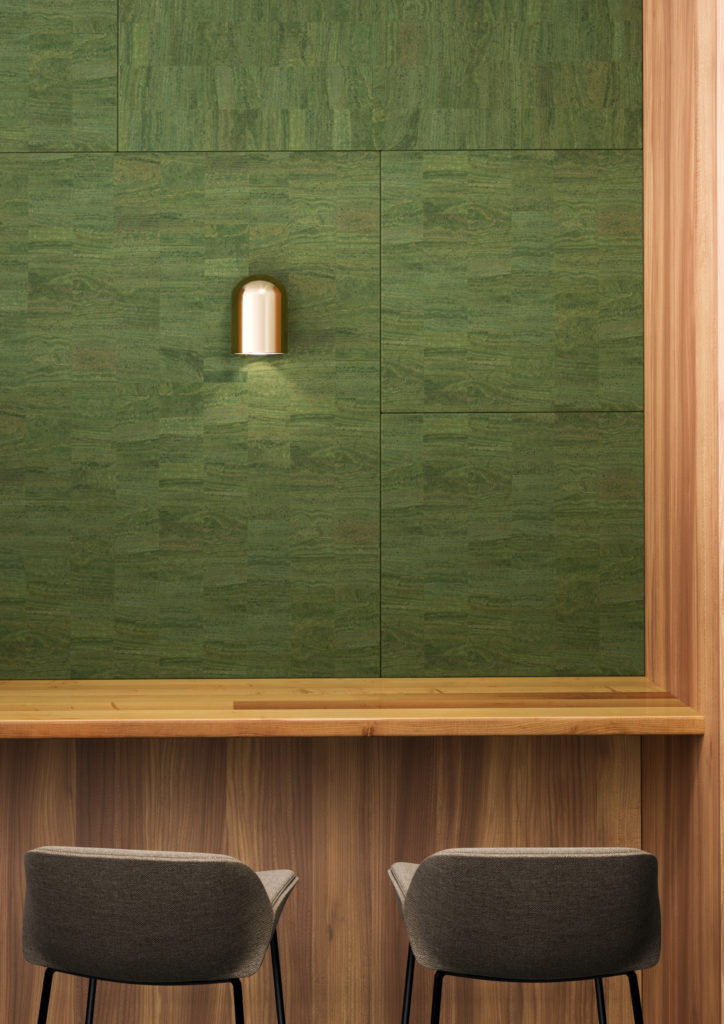 new textiles from Camira green kork on wall 