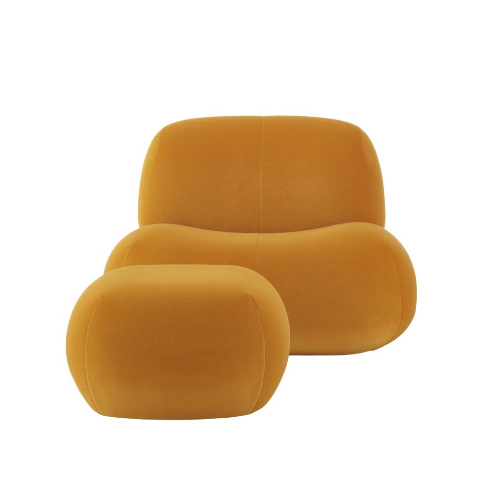 Ligne Roset's Pukka yellow chair and ottoman front view