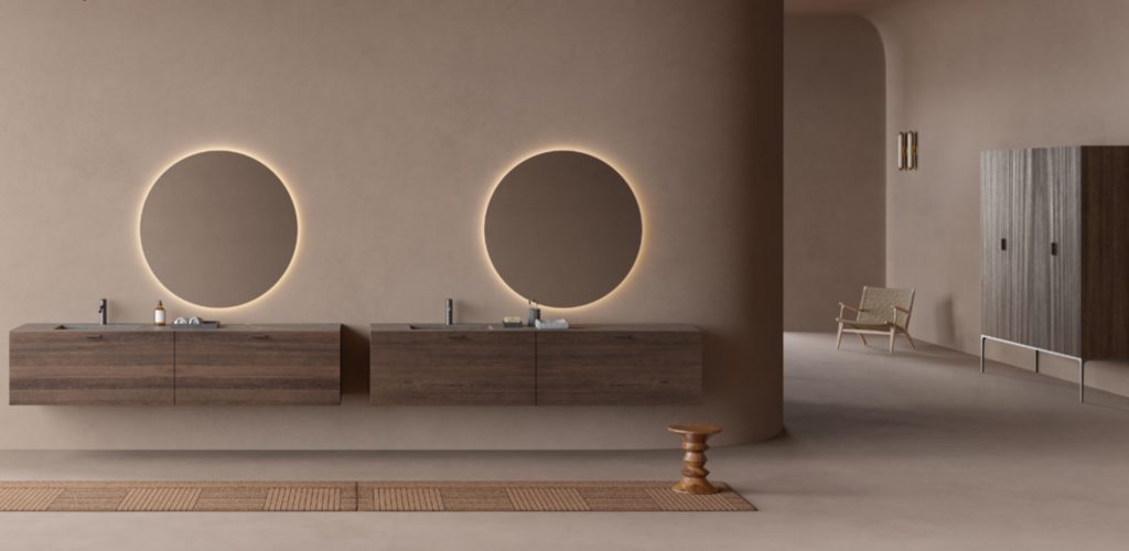 Inbani's Grate Collection double vanities with circular mirrors